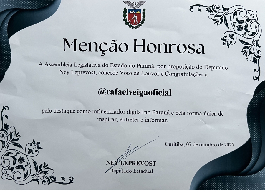 Influenciador Rafael Veiga recebe Menção Honrosa da Assembleia Legislativa do Paraná